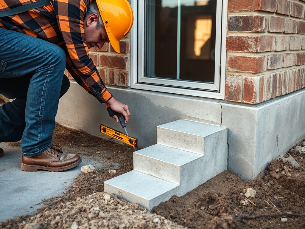 Experienced contractor inspecting a displaced stair-step crack near a Texas slab foundation, using a level and crack gauge, w