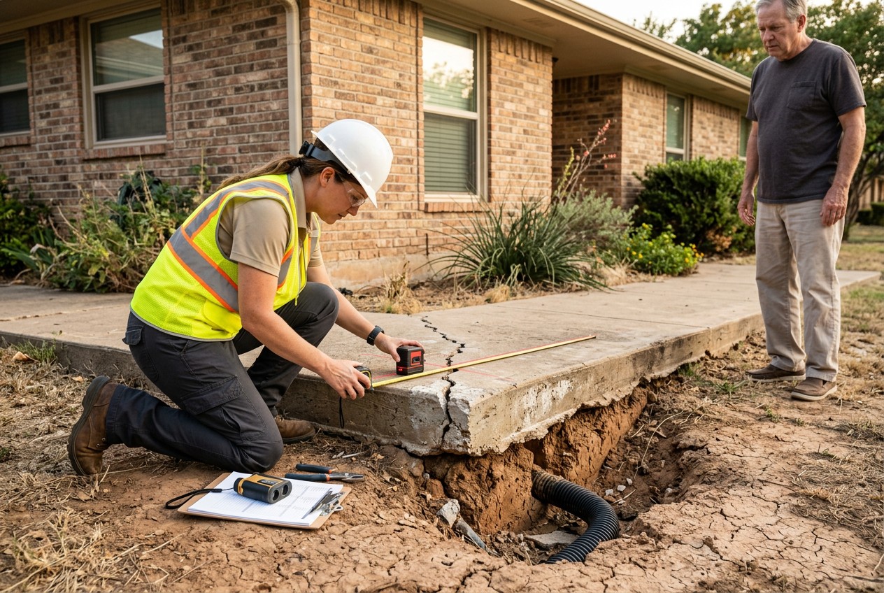 Independent structural engineer inspecting a cracked Texas concrete slab foundation, kneeling beside exposed soil with a lase
