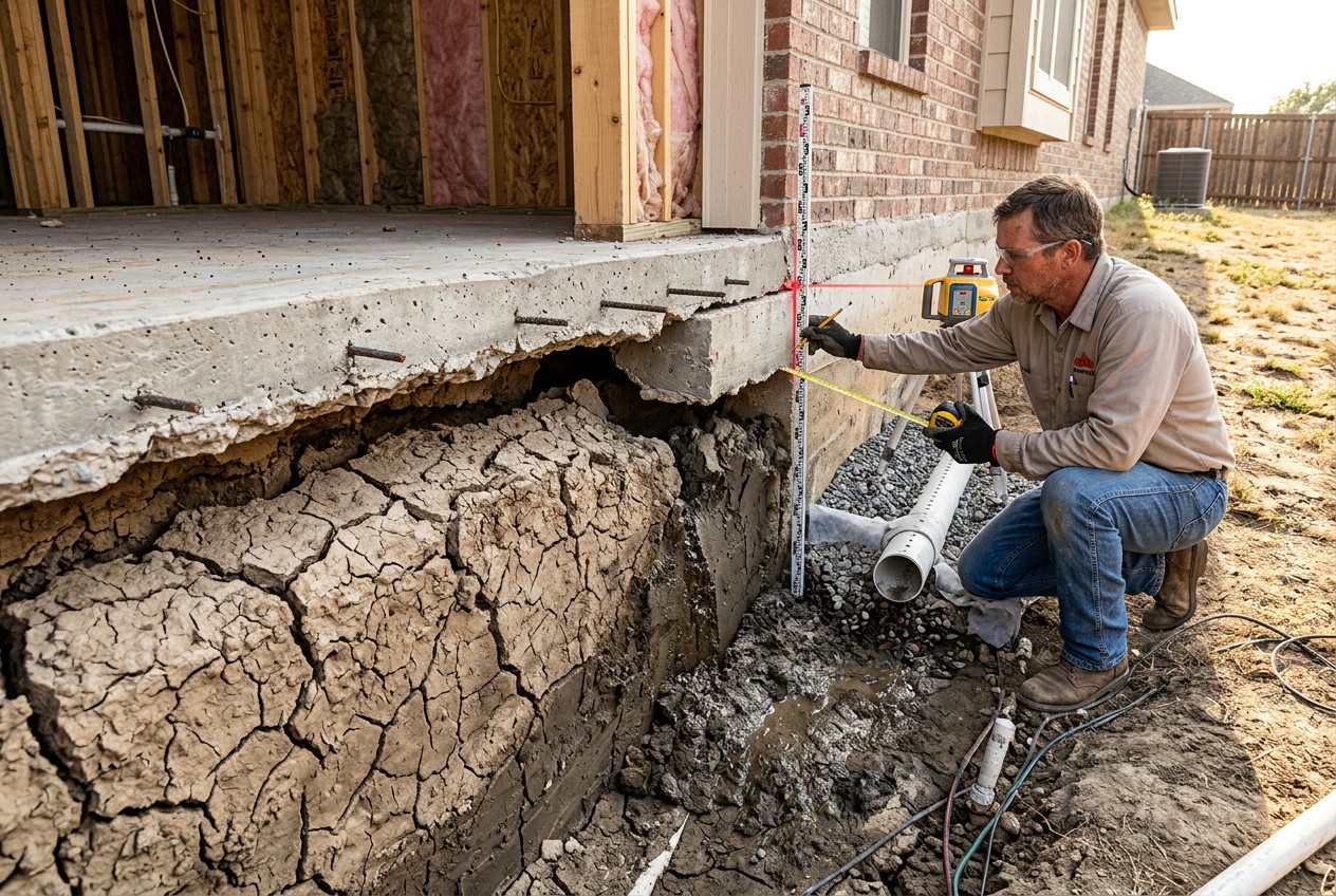 Texas home foundation cross-section during drought, showing cracked expansive clay pulling away unevenly beneath a concrete s