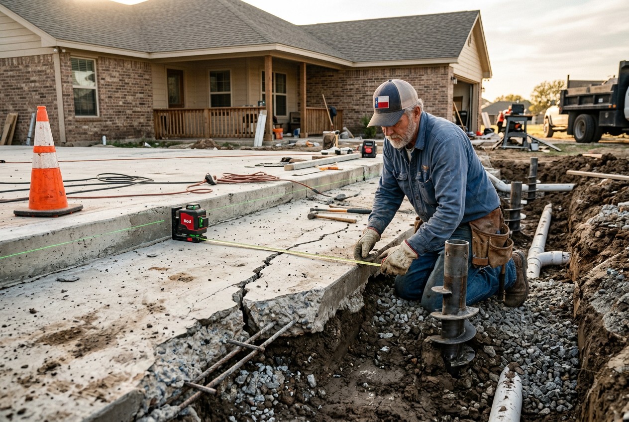 residential construction photograph of an experienced Texas contractor inspecting a cracked slab foundation, using a laser le