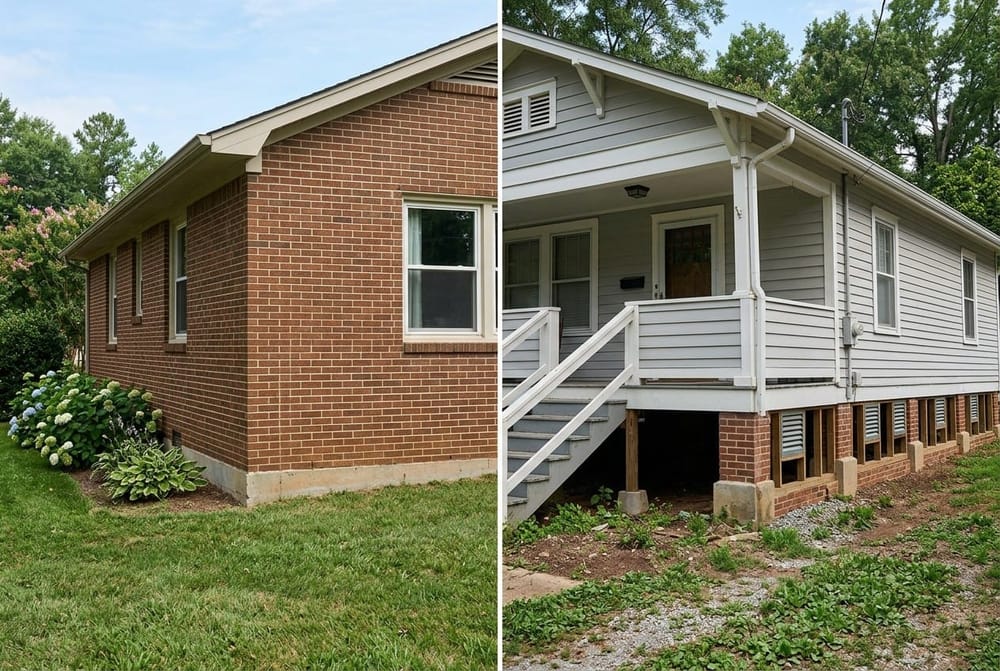 Split-view photograph comparing two home foundations side by side: left shows a low-sitting slab-on-grade house with brick si