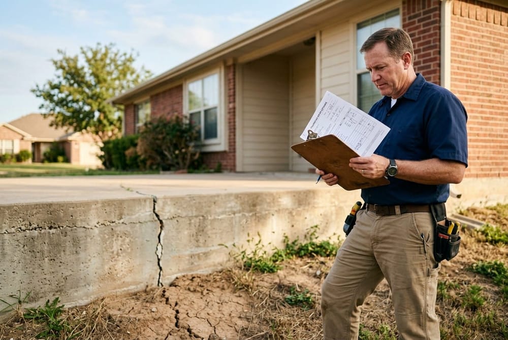 Texas home inspector reviewing foundation repair estimate paperwork on a clipboard, standing beside a concrete slab foundatio
