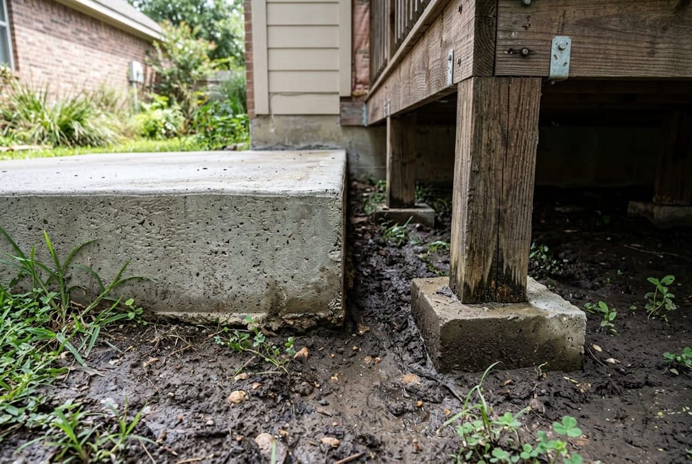 Close-up comparison of a concrete slab foundation edge beside wooden pier-and-beam support columns in a Texas residential yar