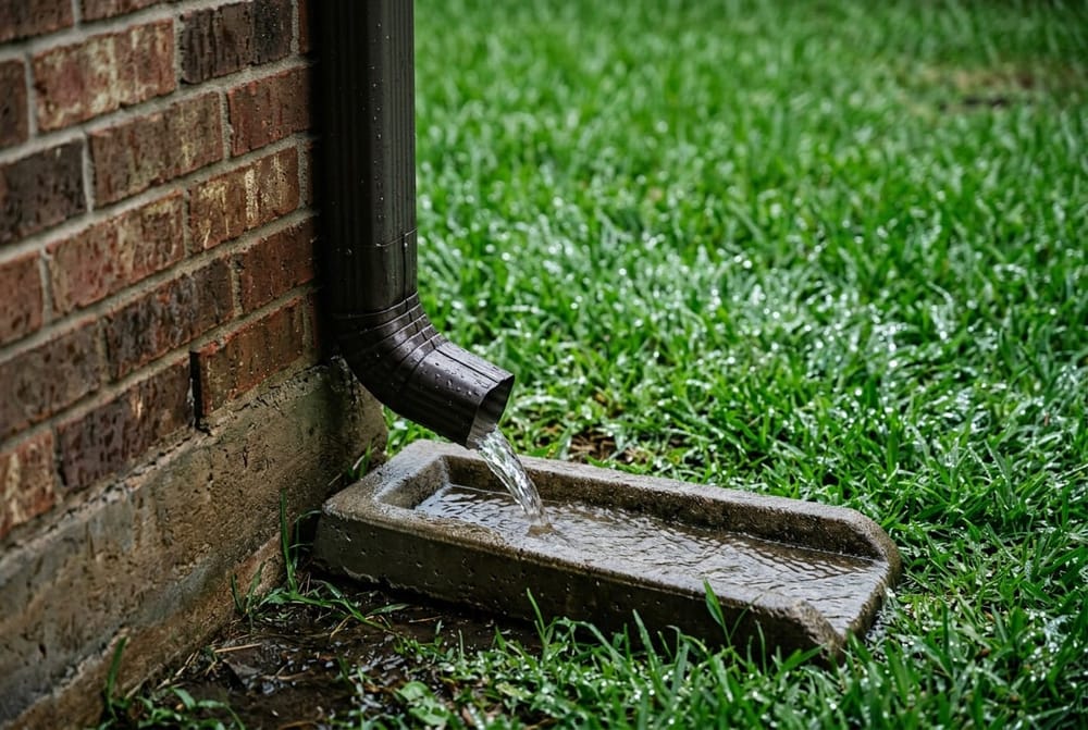 Close-up of a residential aluminum downspout with a splash block directing water away from a brick house foundation, lush Tex