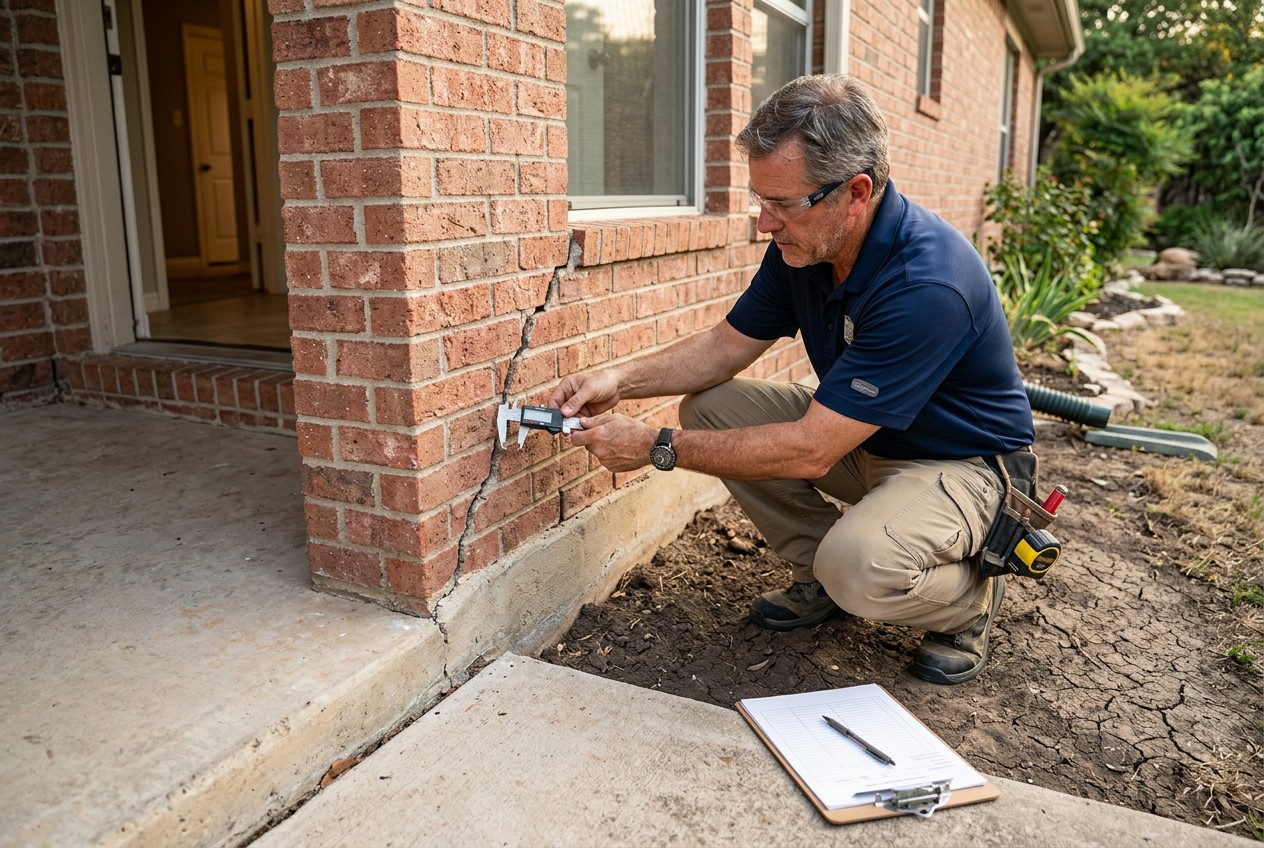 Experienced Texas foundation inspector examining a slab house exterior, measuring a diagonal brick crack with precision tools