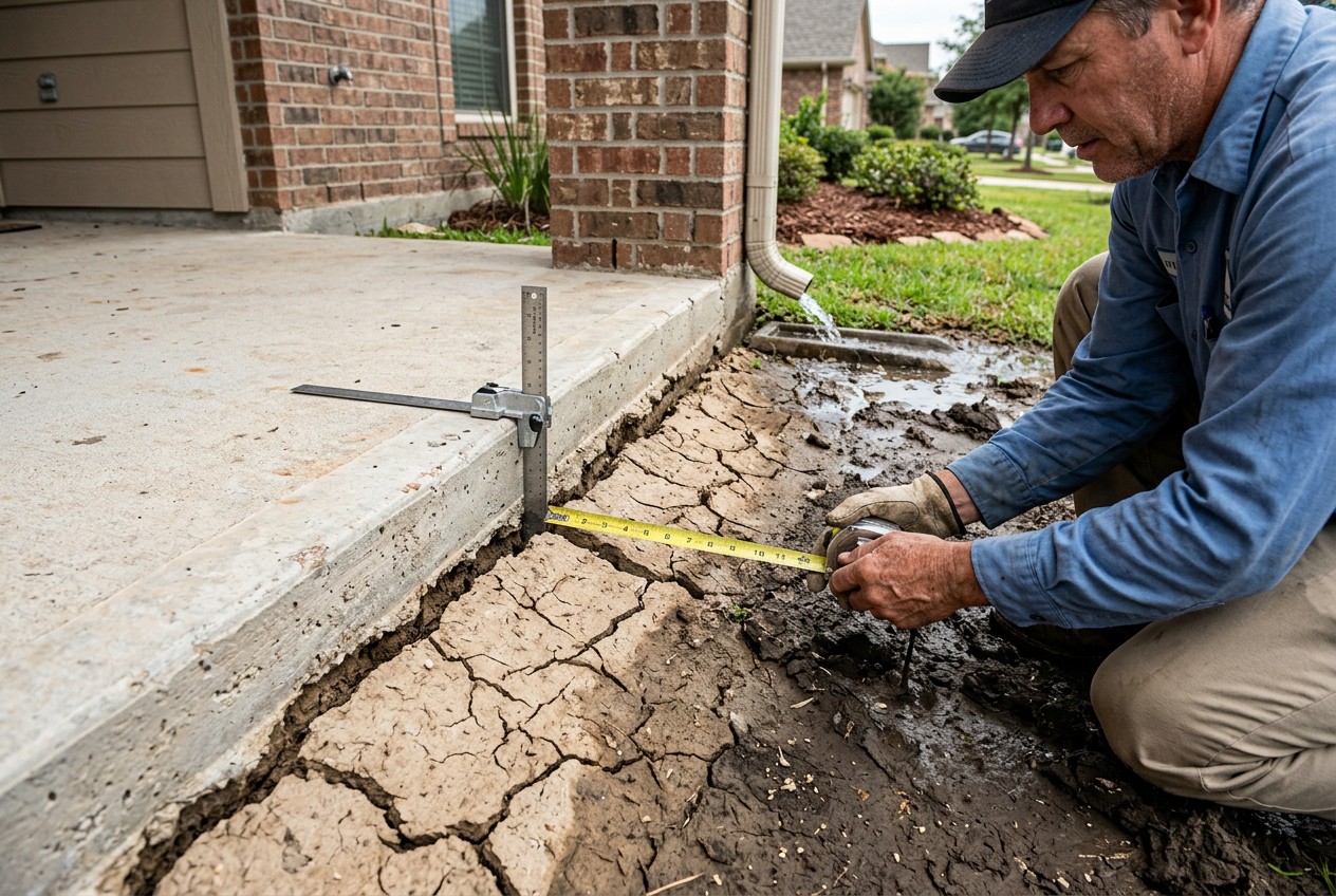 close-up of a Texas slab-on-grade home during foundation inspection, showing cracked, dry expansive clay pulling away from th