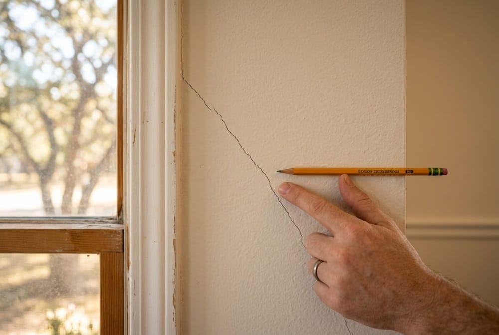 Close-up of a hairline diagonal crack running from the corner of a window frame across interior drywall in a Texas home, warm