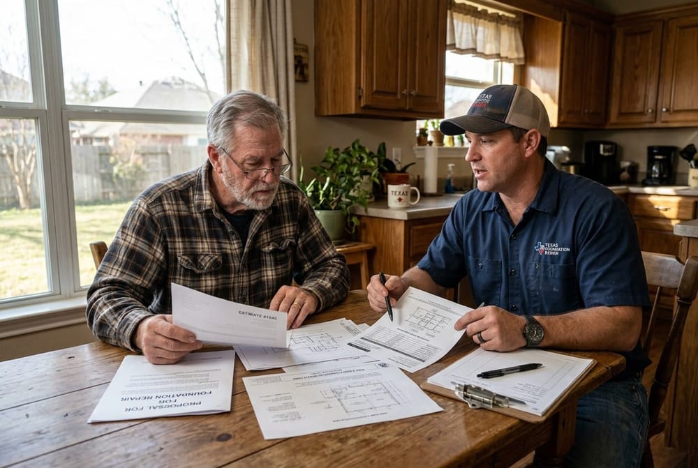 A weathered Texas homeowner reviewing printed written estimates at a kitchen table with a contractor in work clothes, clipboa