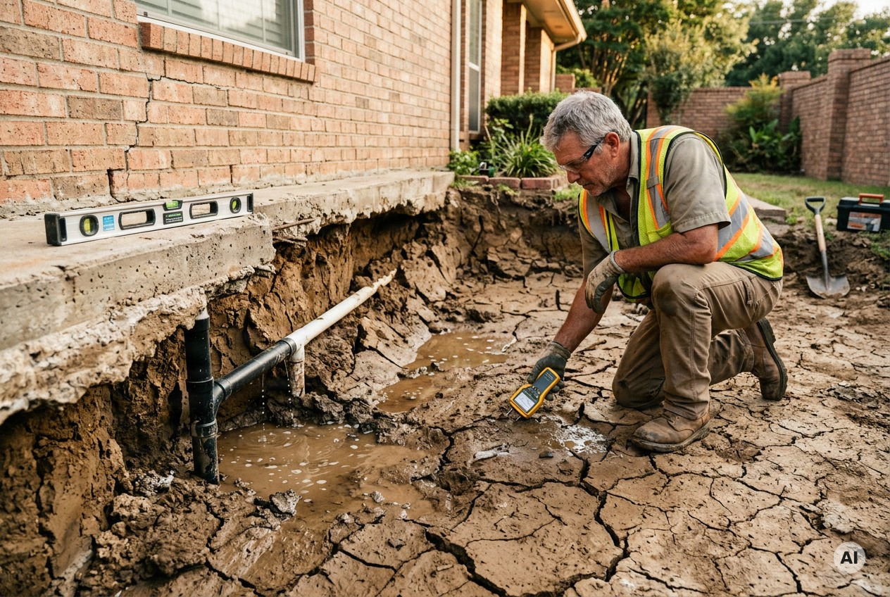 Experienced foundation contractor inspecting a Texas slab home, examining cracked expansive soil, eroded footing edges, poor - AI-generated image
