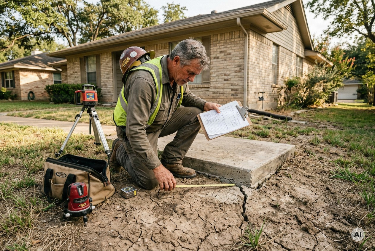 Experienced Texas foundation contractor inspecting a slab home, comparing crack measurements and elevation readings with an o - AI-generated image