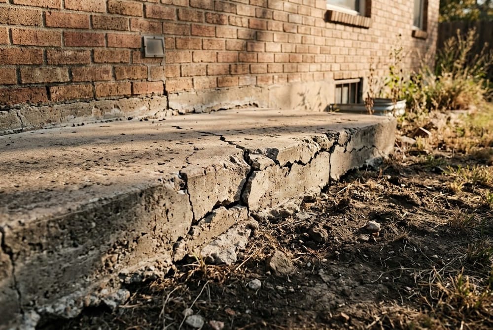 Cracked concrete slab foundation exposed at the base of a Texas brick home, late afternoon casting shadows across the damaged