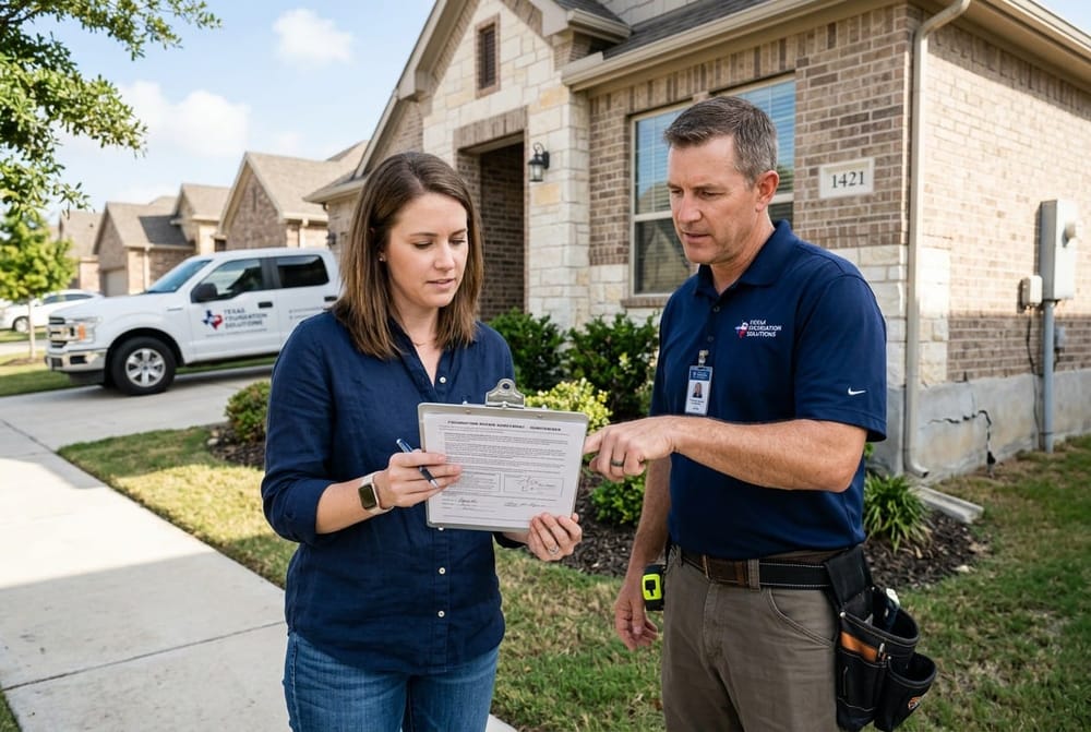 A homeowner and a contractor reviewing paperwork on a clipboard outside a suburban Texas home, natural sunlight, professional
