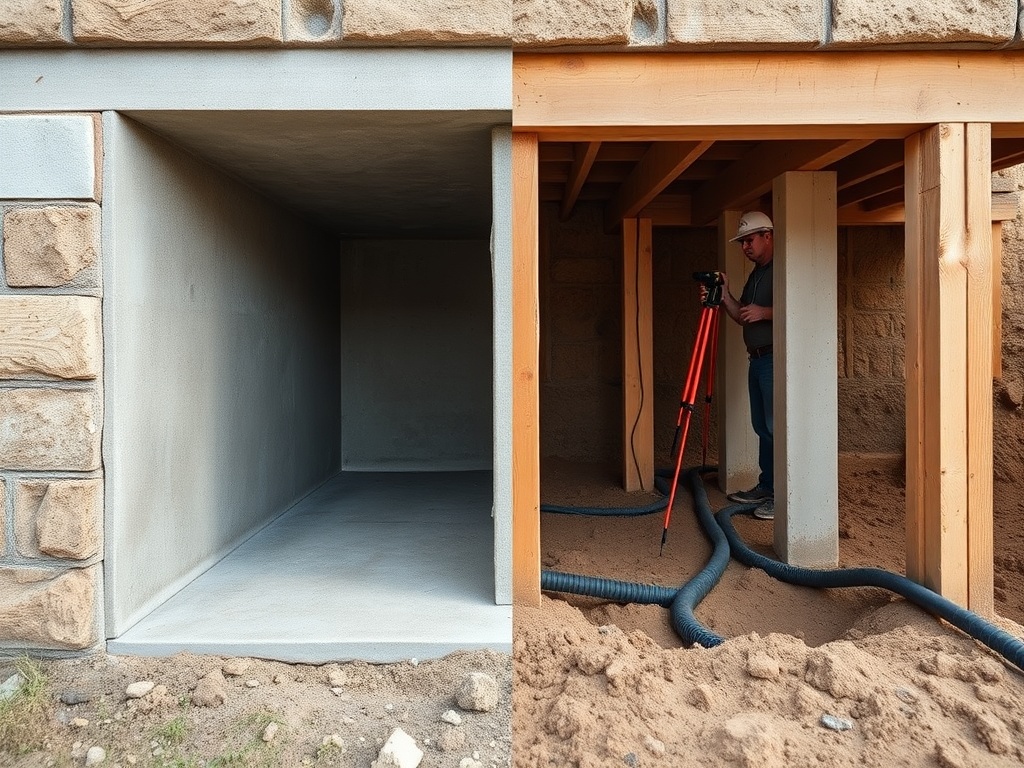 Split-view Texas home foundation inspection: exposed edge of a concrete slab beside an open pier-and-beam crawlspace with tim