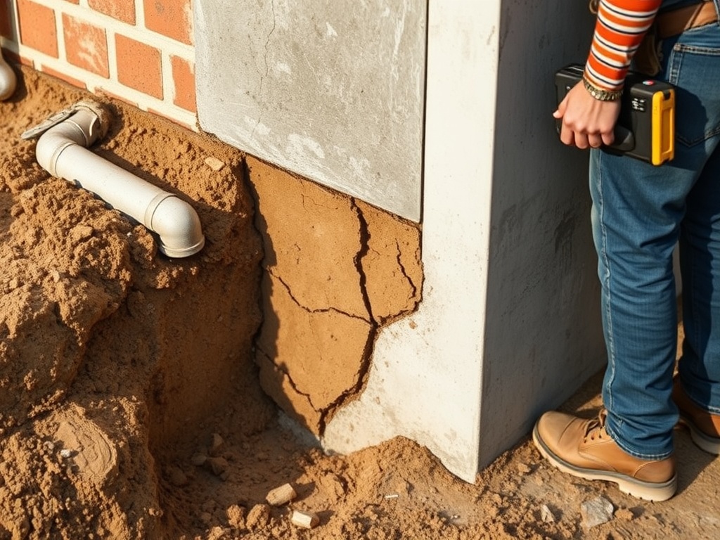 construction photo of a Texas slab foundation corner, visibly cracked expansive clay pulling away from concrete, adjacent rai
