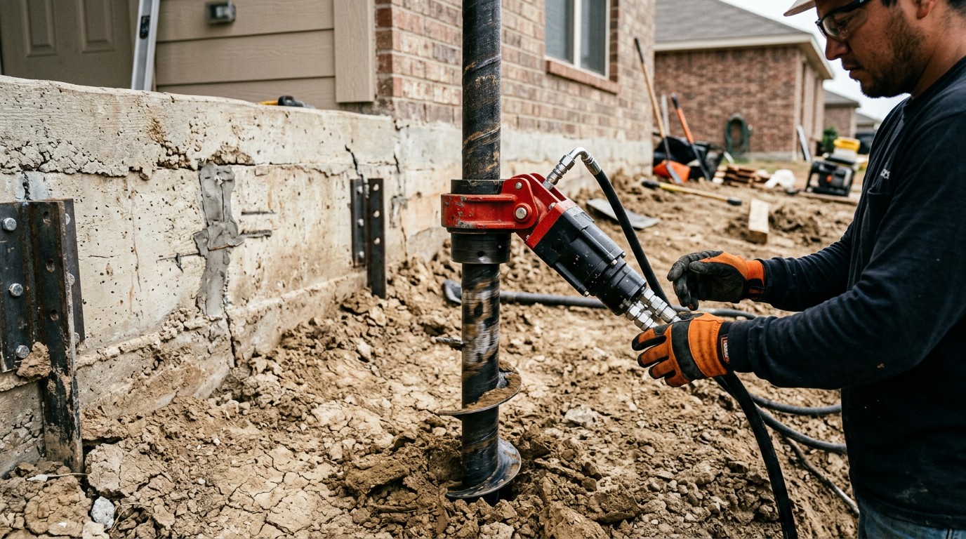 Steel helical pier shaft being rotated into Texas soil beside an exposed residential grade beam