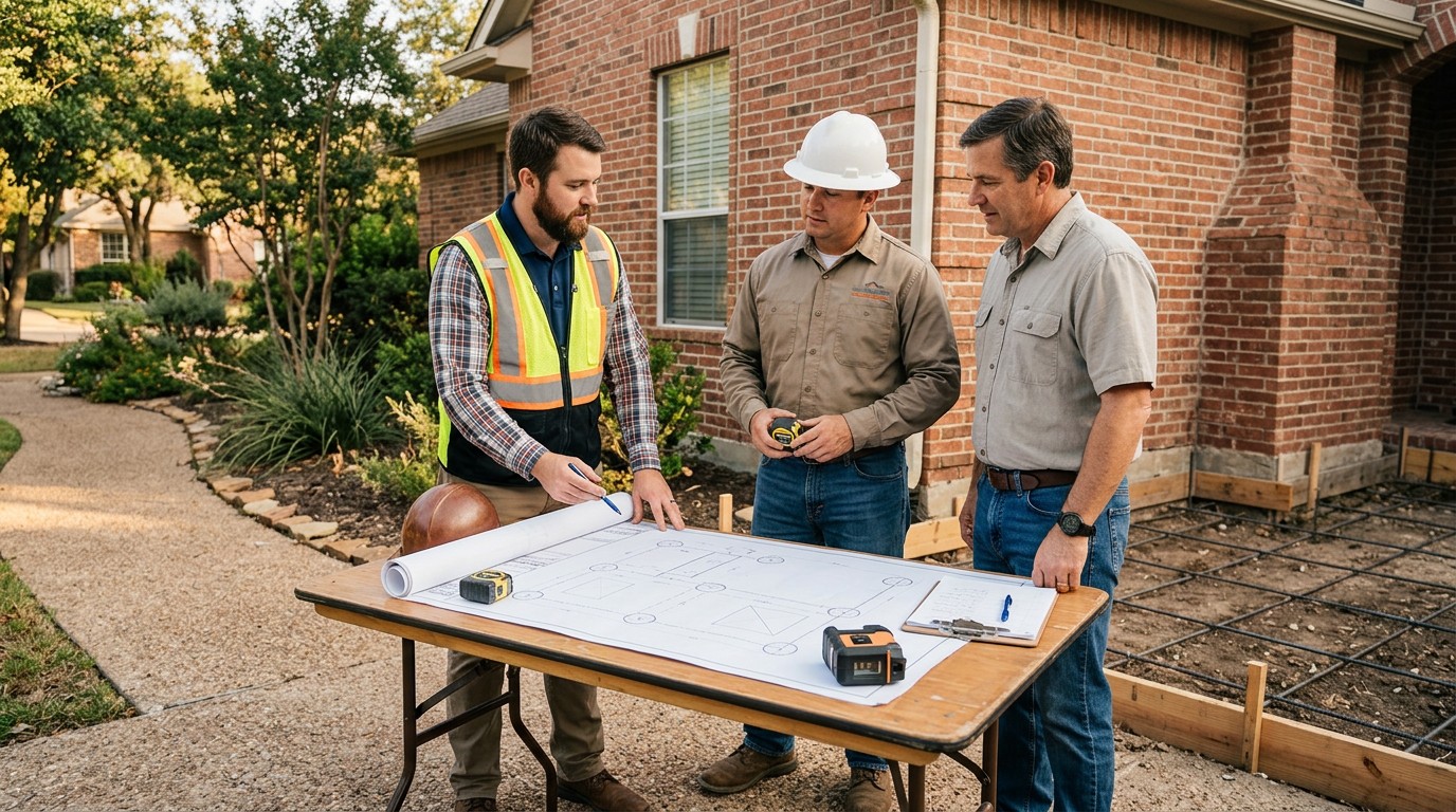 Texas homeowner, structural engineer, and foundation contractor reviewing a pier layout and written estimate outside a brick home