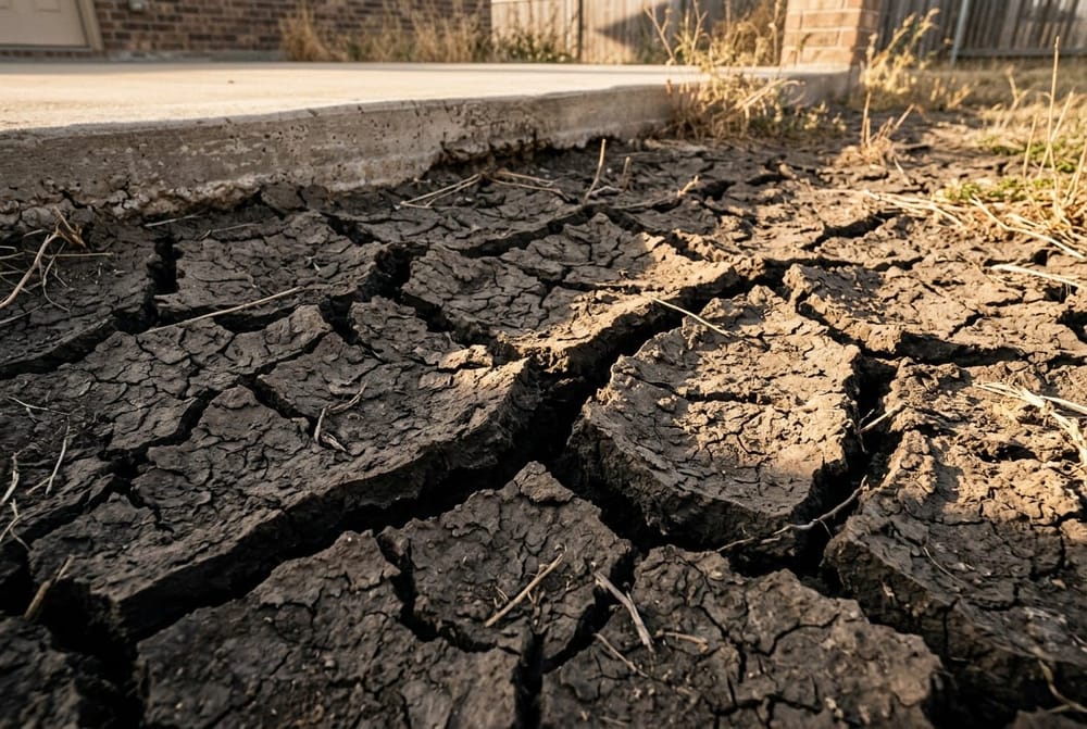 Close-up ground-level view of cracked Texas black clay soil during dry season, deep fissures revealing shrink-swell patterns