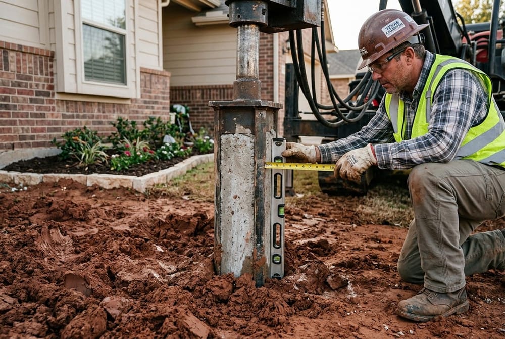 Close-up of a concrete foundation pier being driven into Texas clay soil beside a residential home, a contractor in work gear