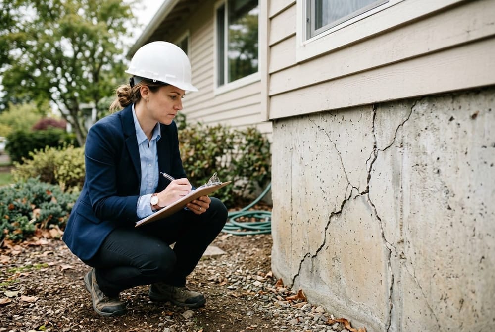 A structural engineer in a hard hat and professional attire crouches near a home's foundation, holding a clipboard and taking