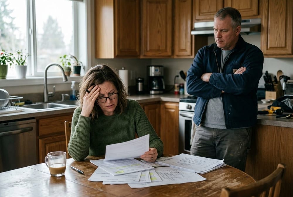 Worried homeowner reviewing paperwork at kitchen table, contractor standing nearby with arms crossed, tense body language, na
