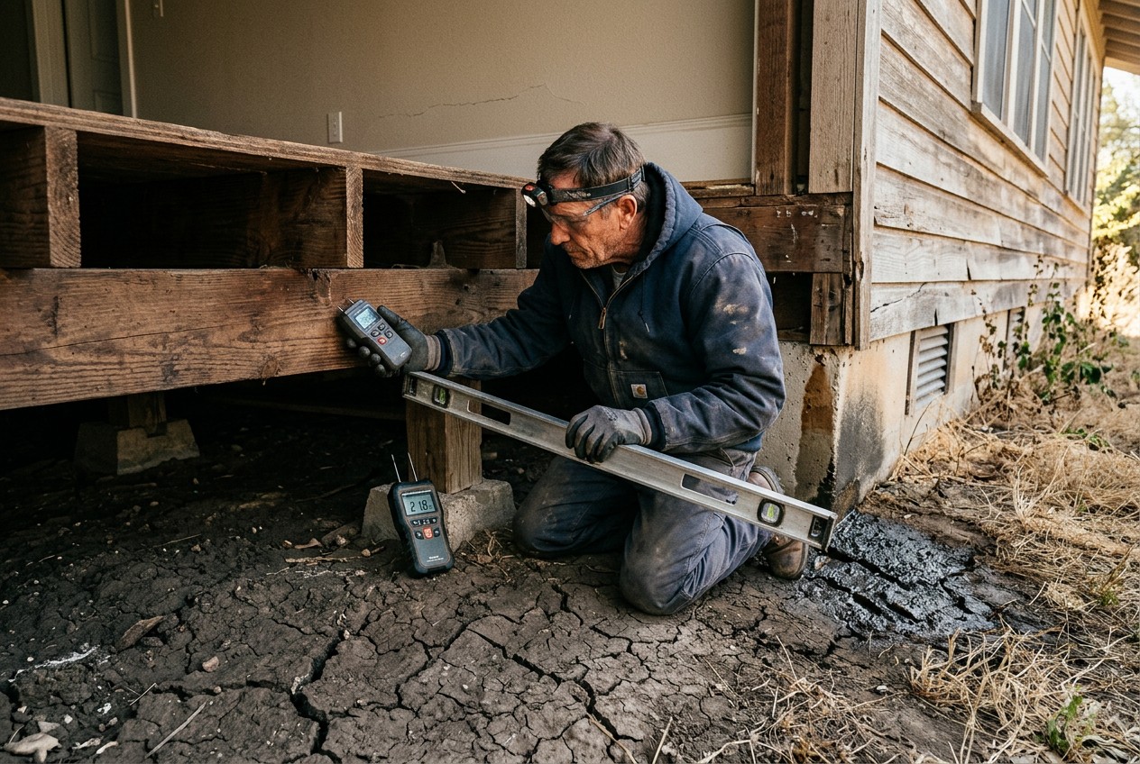 construction photograph of an experienced contractor inspecting a Texas pier-and-beam home, checking crawl-space framing and
