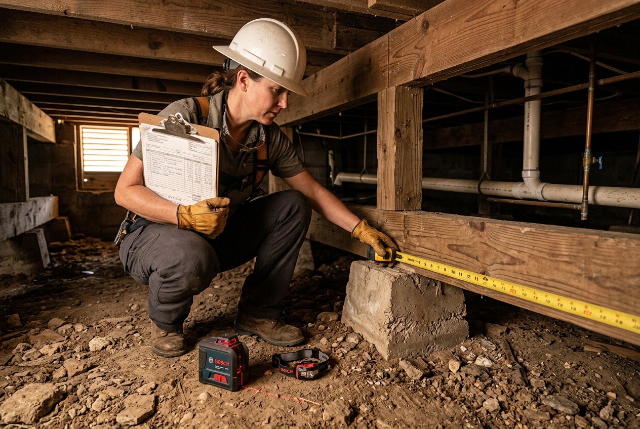 Texas contractor inspecting a pier-and-beam crawlspace, comparing measurements with an itemized estimate on a clipboard, docu