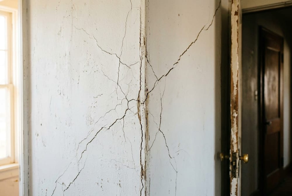 Close-up of a cracked interior wall corner where two walls meet, uneven door frame visible in background, warm natural window