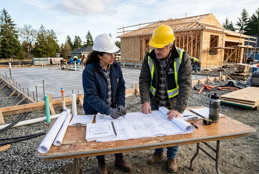 Structural engineer and contractor reviewing blueprints and soil report documents on a folding table at a residential constru