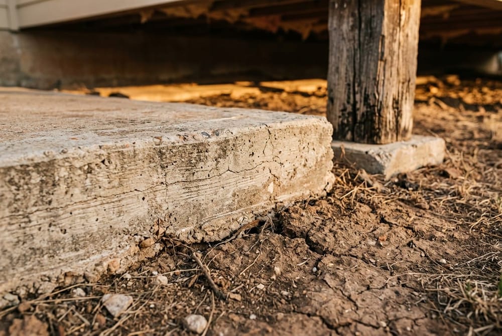 Close-up of a concrete slab foundation edge exposed beside Texas soil, natural golden afternoon light revealing surface crack
