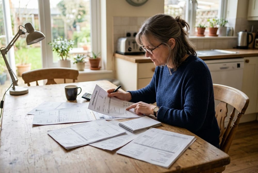 A homeowner reviewing multiple contractor estimate documents spread across a kitchen table in natural afternoon light, readin