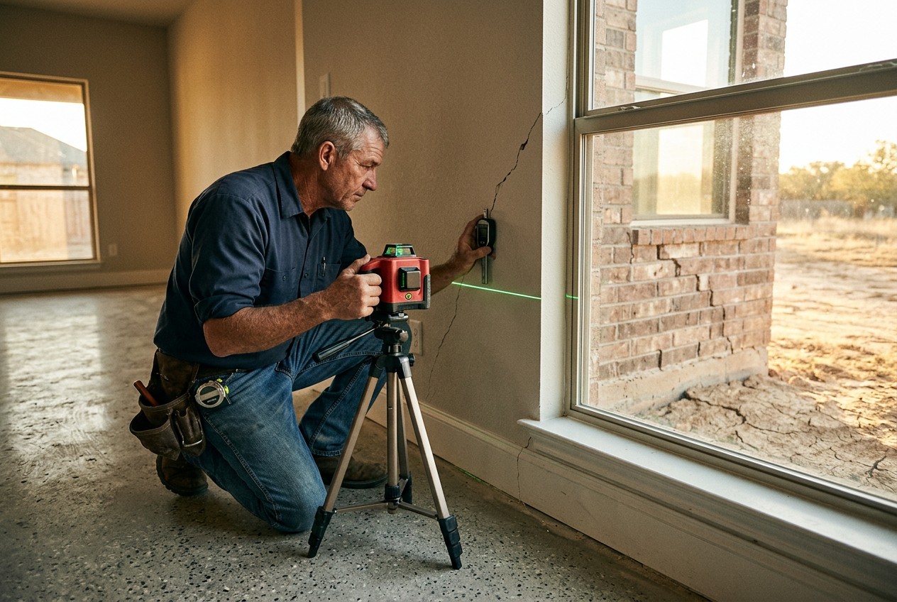 Experienced Texas foundation contractor inspecting a slab home for clustered warning signs: diagonal drywall cracks near a wi