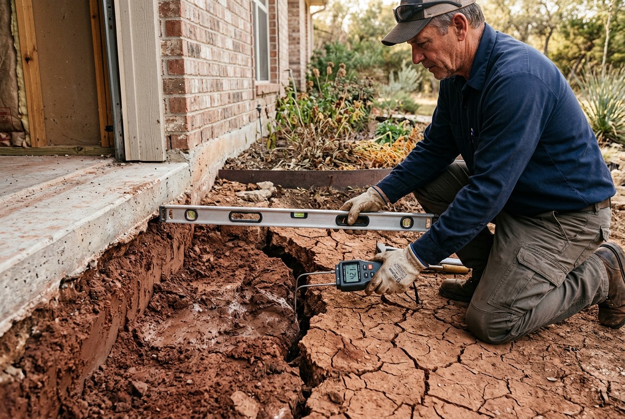 Cutaway-style photograph of a Texas home’s concrete slab edge above expansive clay soil, showing rain-swollen reddish clay be