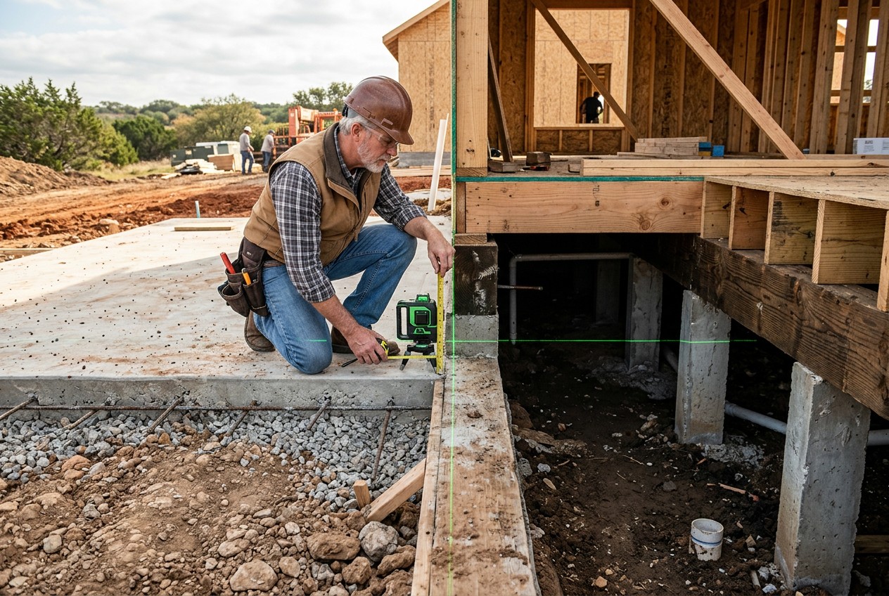 residential construction photograph in Texas showing an experienced structural engineer comparing an exposed slab-on-grade ed