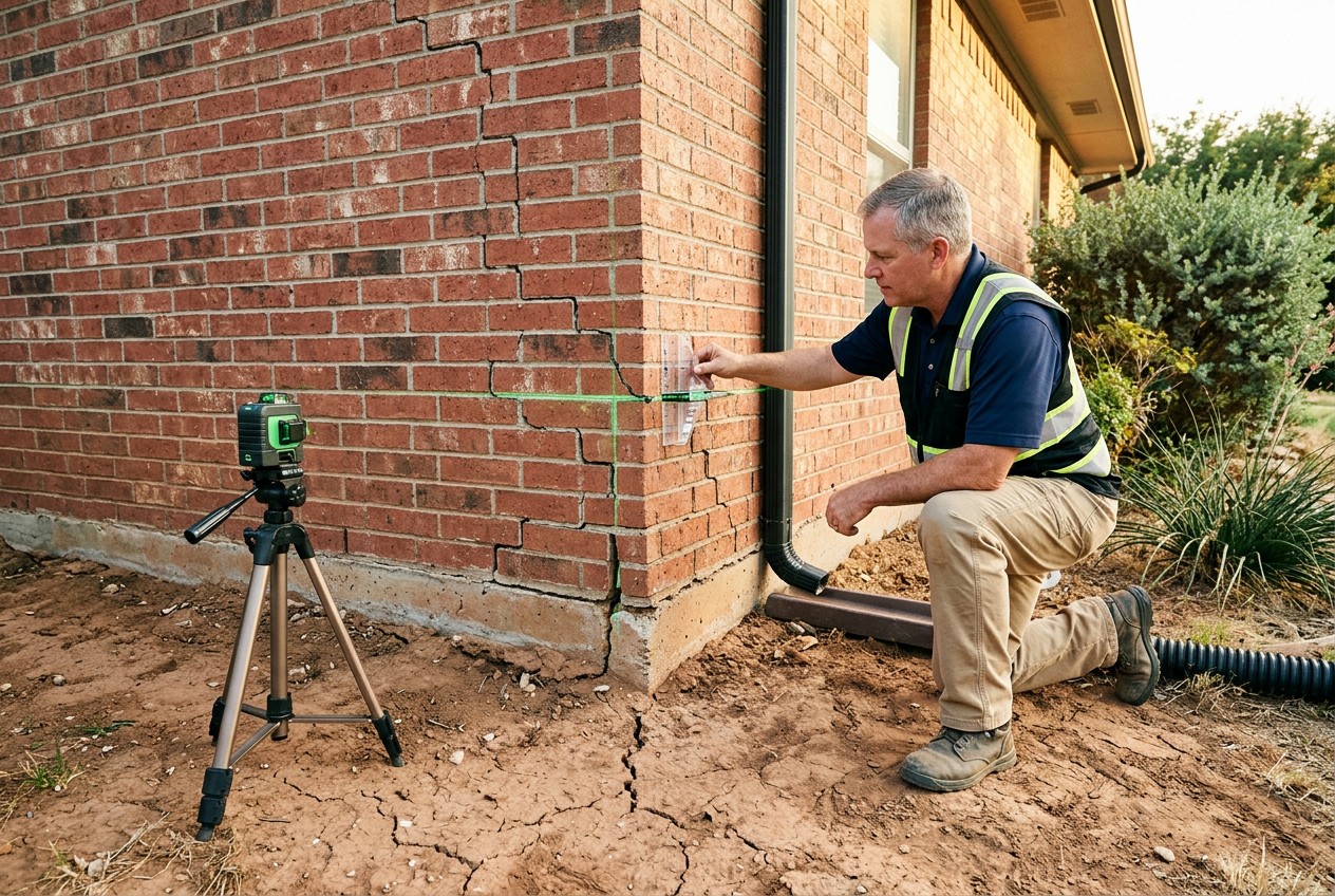Texas structural engineer inspecting stair-step brick cracks and wall separation at a slab-on-grade home, using a laser level