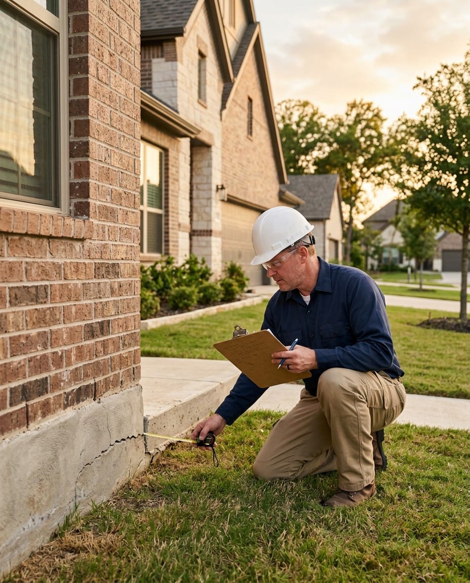 Texas home foundation inspection at golden hour